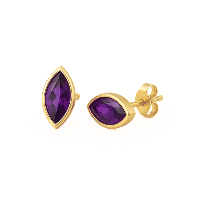 14K Gold Natural Amethyst Earrings, Marquise Cut Studs with Purple Gemstones for Men or Women, Available as Single Earring or a Pair, February Birthstone Jewelry | Rare Earth Jewelry