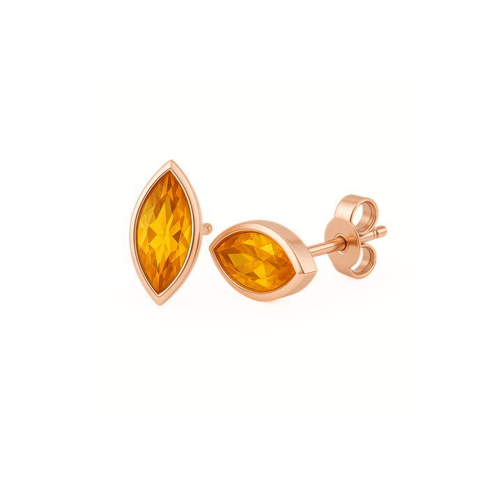 14K Rose Gold Peridot Studs, Marquise cut Natural Citrine Earrings in Modern Minimalist Bezel Set Design for Men or Women, November Birthday Gift or Push Present | Rare Earth Jewelry