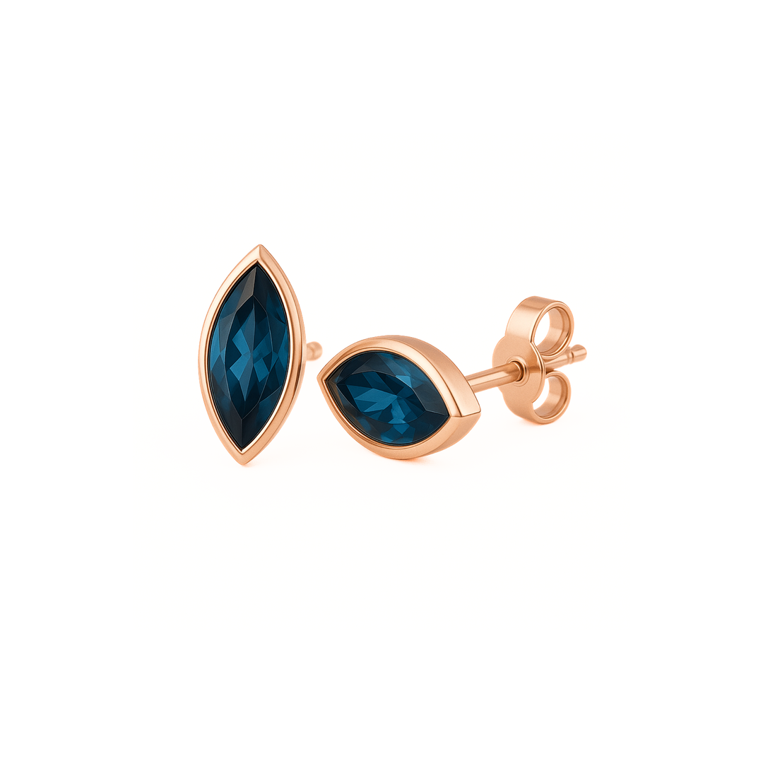 Marquise Cut London Blue Topaz Stud Earrings in a 14K Rose Gold, Blue Gemstone Earrings in Bezel Set Minimalist Design for Men or Women.  December birthstone earrings available as single earring or pairs. | Rare Earth Jewelry