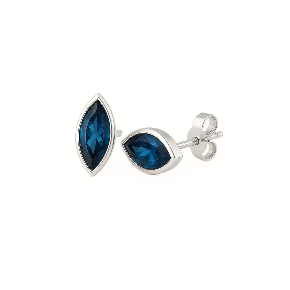 Natural London Blue Topaz Earrings in 14K White Gold Bezel Setting, Marquise Cut Blue Gemstone Earrings for Men or Women.  December birthstone earrings | Rare Earth Jewelry