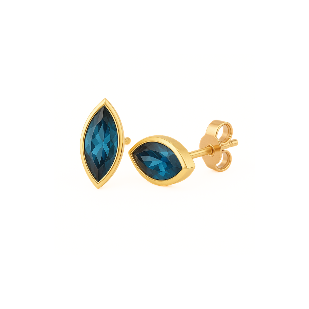 Marquise Cut London Blue Topaz Stud Earrings in a 14K Yellow Gold Bezel Set Minimalist Design for Men or Women.  December birthstone earrings available as single earring or pairs. | Rare Earth Jewelry