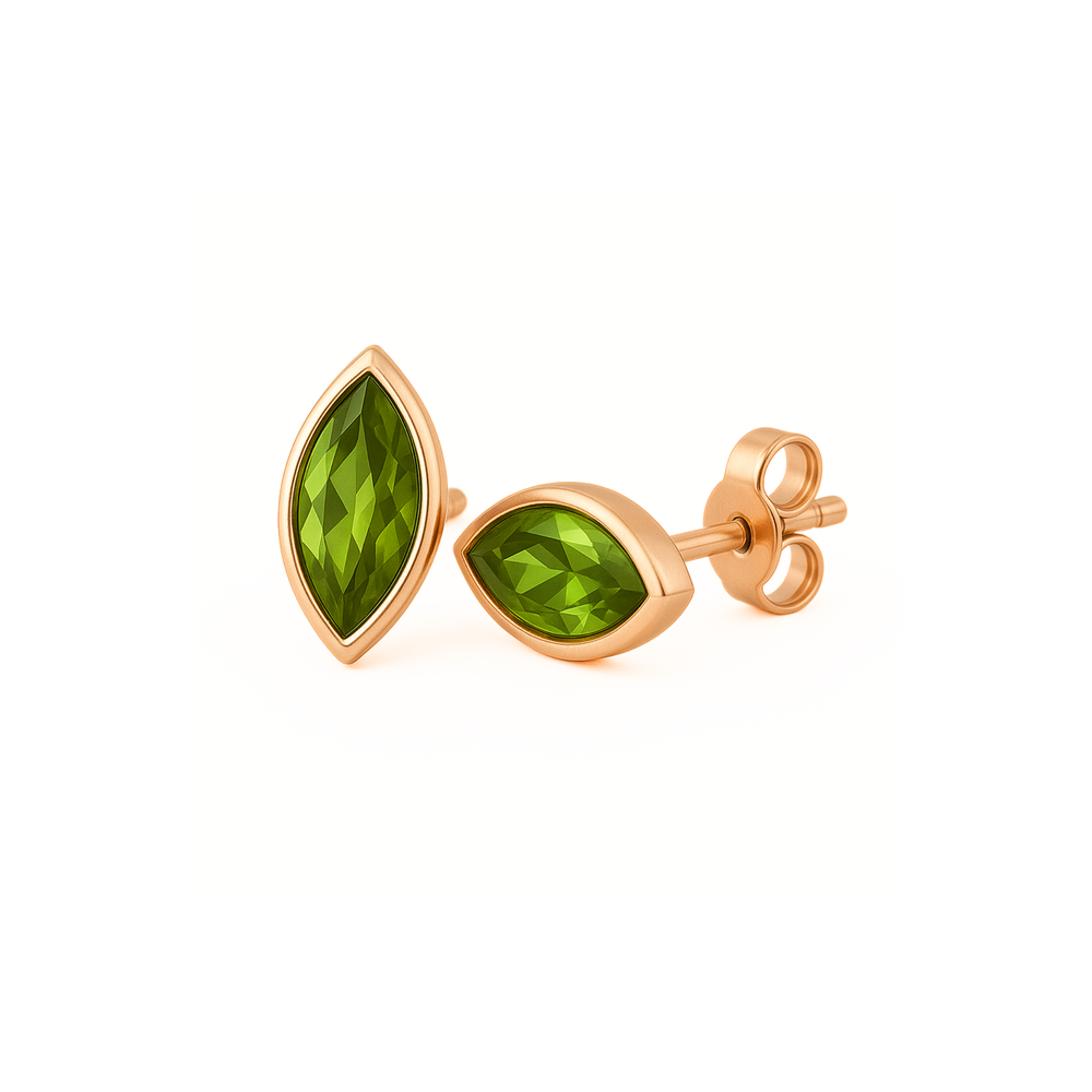 14K Rose Gold Peridot Studs, Marquise cut Natural Peridot Earrings in Modern Minimalist Bezel Set Design for Men or Women, August Birthday Gift or Push Present | Rare Earth Jewelry
