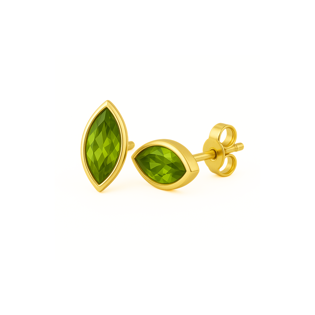 Marquise Cut Natural Peridot Stud Earrings in 14K Gold Bezel Set Green Gemstone Studs for Men or Women, August Birthstone Earrings available as a single stud earring or pair | Rare Earth Jewelry