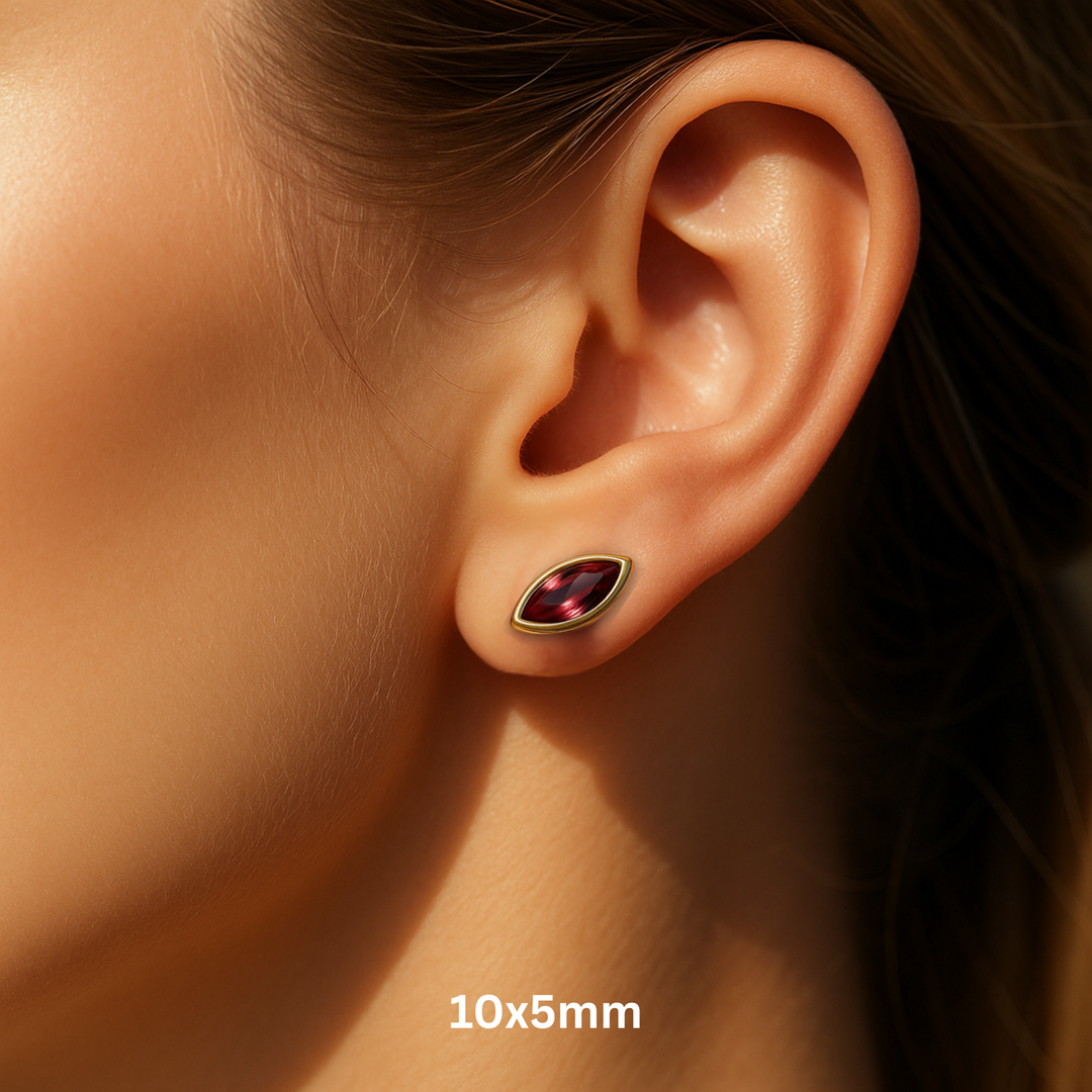 14K Gold Rhodolite Garnet Earrings, Marquise Cut Studs on the Ear Model, 10x5mm Marquise Cut Natural Gemstones, January Birthday Gift or Push Present | Rare Earth Jewelry
