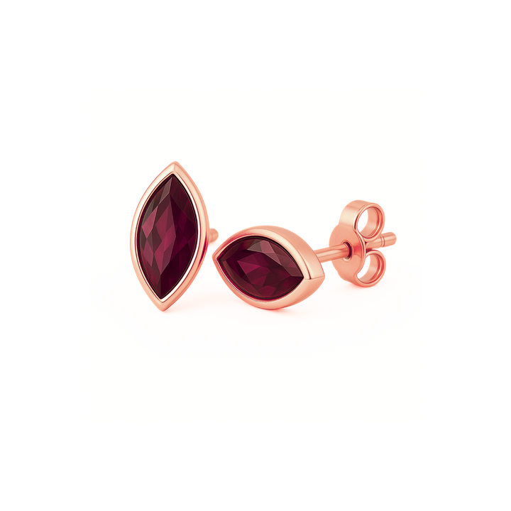 Rose Gold Marquise Cut Rhodolite Garnet Earrings, Simple Modern Bezel Set Studs, Handmade January Birthstone Jewelry | Rare Earth Jewelry