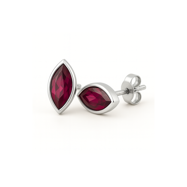 14K White Gold Marquise Cut Garnet Stud Earrings, Minimalist Bezel Setting, Natural Raspberry Red Rhodolite Garnet, January Birthstone Jewelry | Rare Earth Jewelry