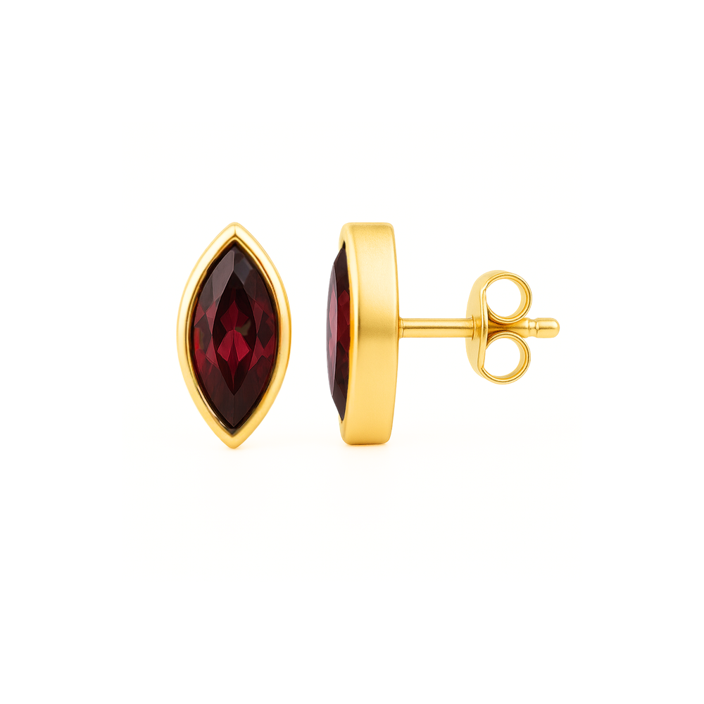 Rhodolite Garnet Marquise Stud Earrings in Yellow Gold, Sleek Bezel Set Modern Style, January Birthstone Jewelry for Men or Women | Rare Earth Jewelry