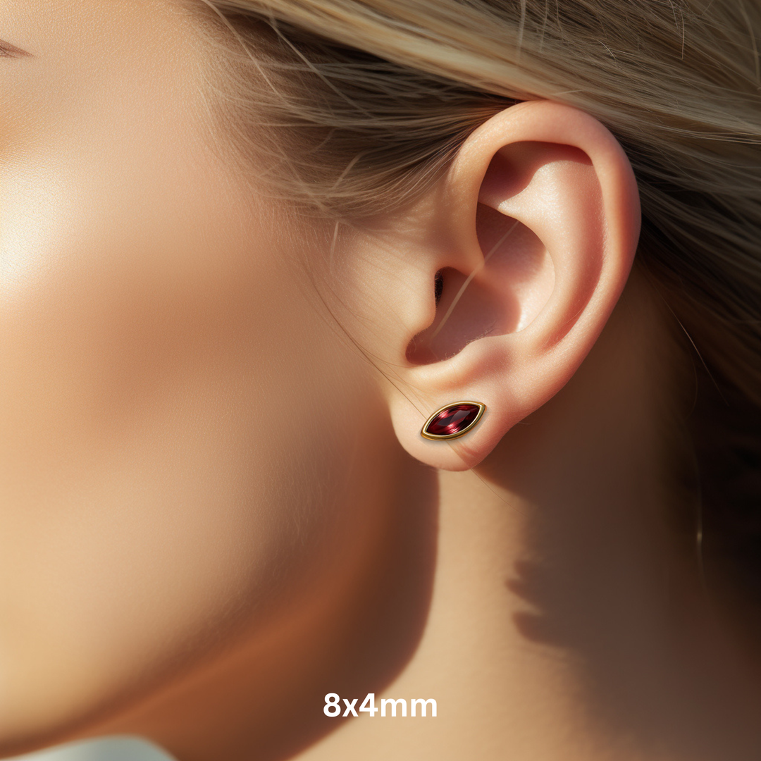 Marquise Cut Rhodolite Garnet Stud Earrings on Ear Model, 14K Gold Bezel Set Natural Gemstone Studs, January Birthstone Jewelry | Rare Earth Jewelry