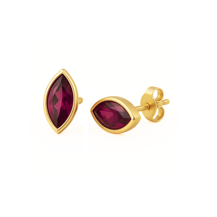 Marquise Cut Rhodolite Garnet Earrings in 14K Gold, Bezel Set Studs in a Minimalist Design for Men or Women, Natural January Birthstone Stud Earrings | Rare Earth Jewelry