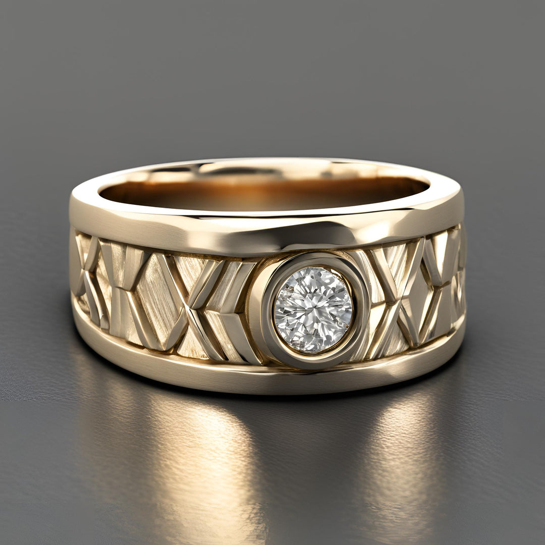 A men's 14K gold ring with a round diamond and an X and O hugs and kisses design from Rare Earth Jewelry.