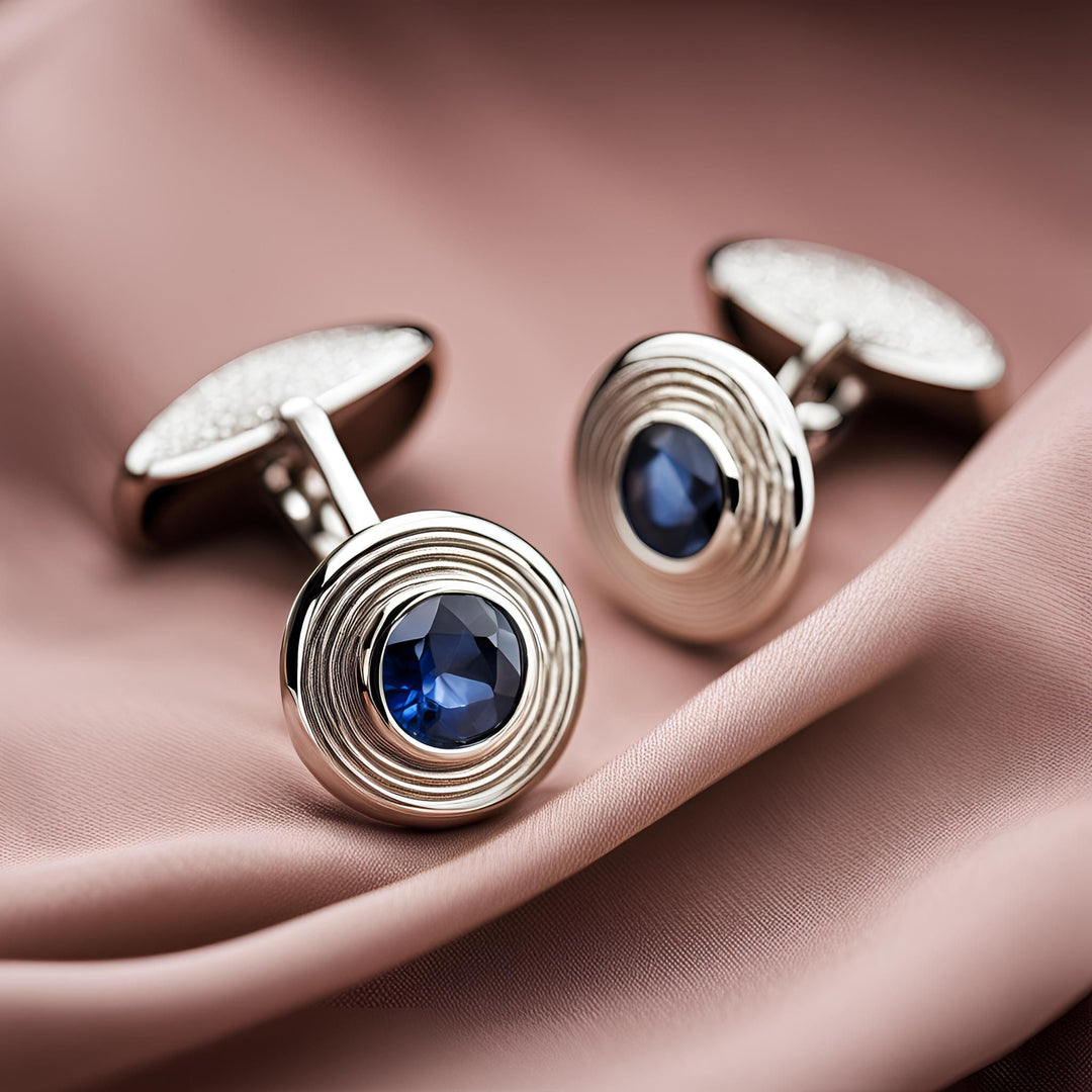 Men's 14K Gold blue sapphire cufflinks in a modern round grooved bezel setting from Rare Earth Jewelry.