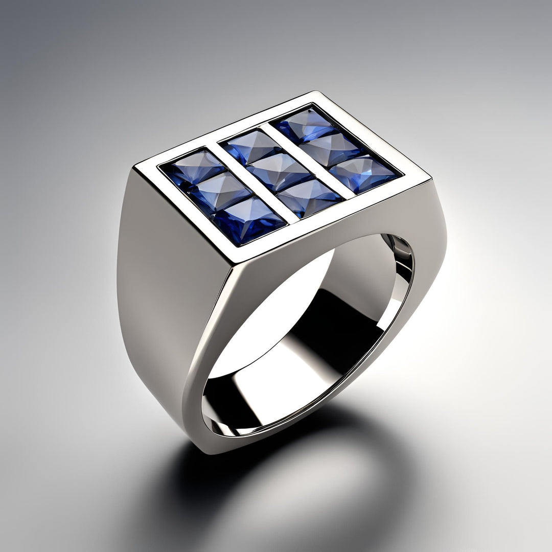 Men's blue sapphire ring with square stones in a unique geometric grid design from Rare Earth Jewelry.