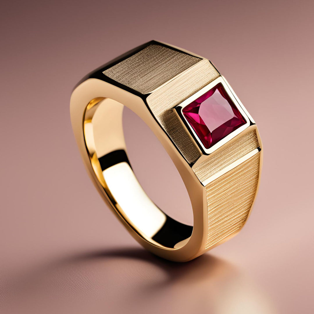 Men's ruby ring in a bold contemporary geometric carved and grooved design in 18K Gold from Rare Earth Jewelry.