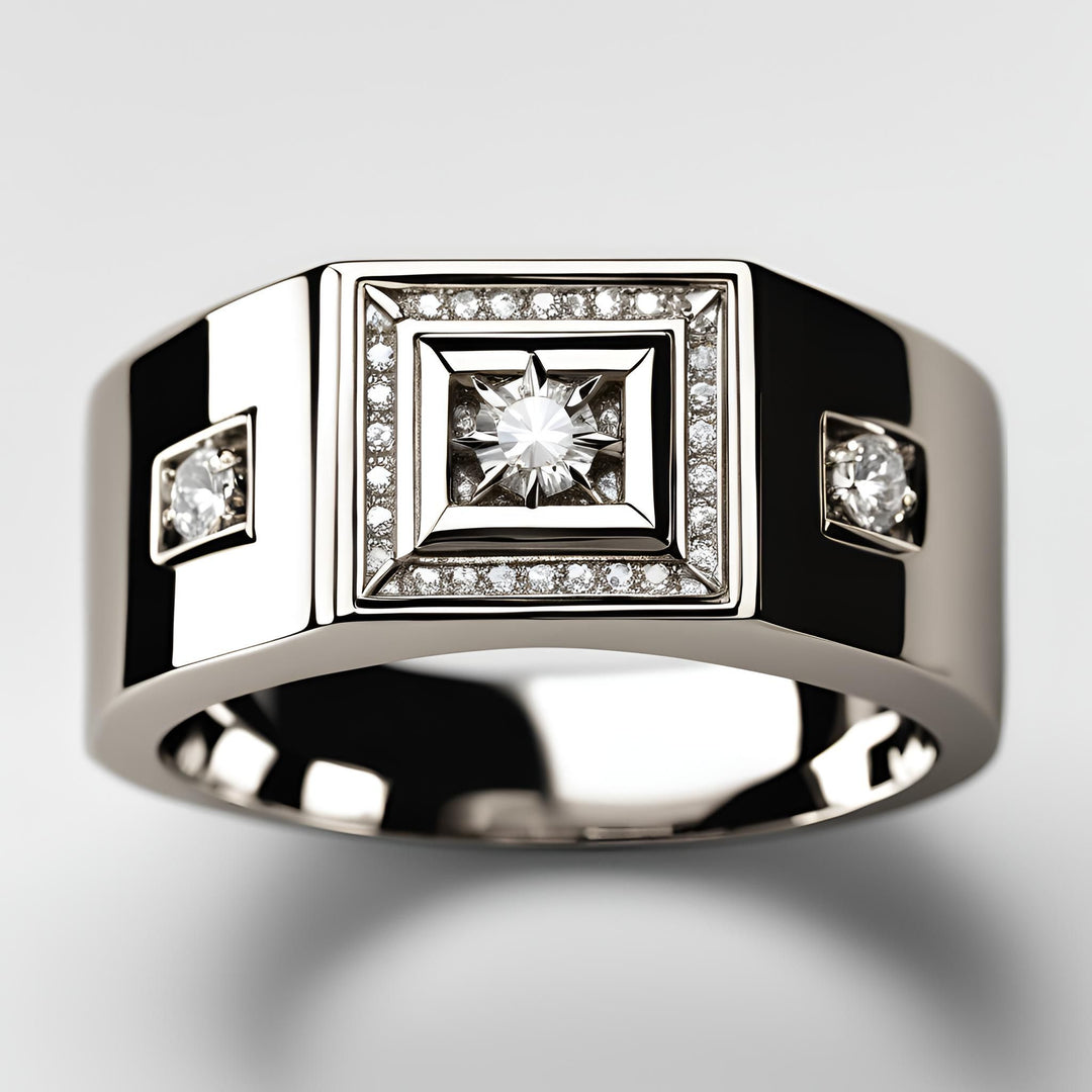 Men's diamond ring with a square design in 14K Gold from Rare Earth Jewelry.