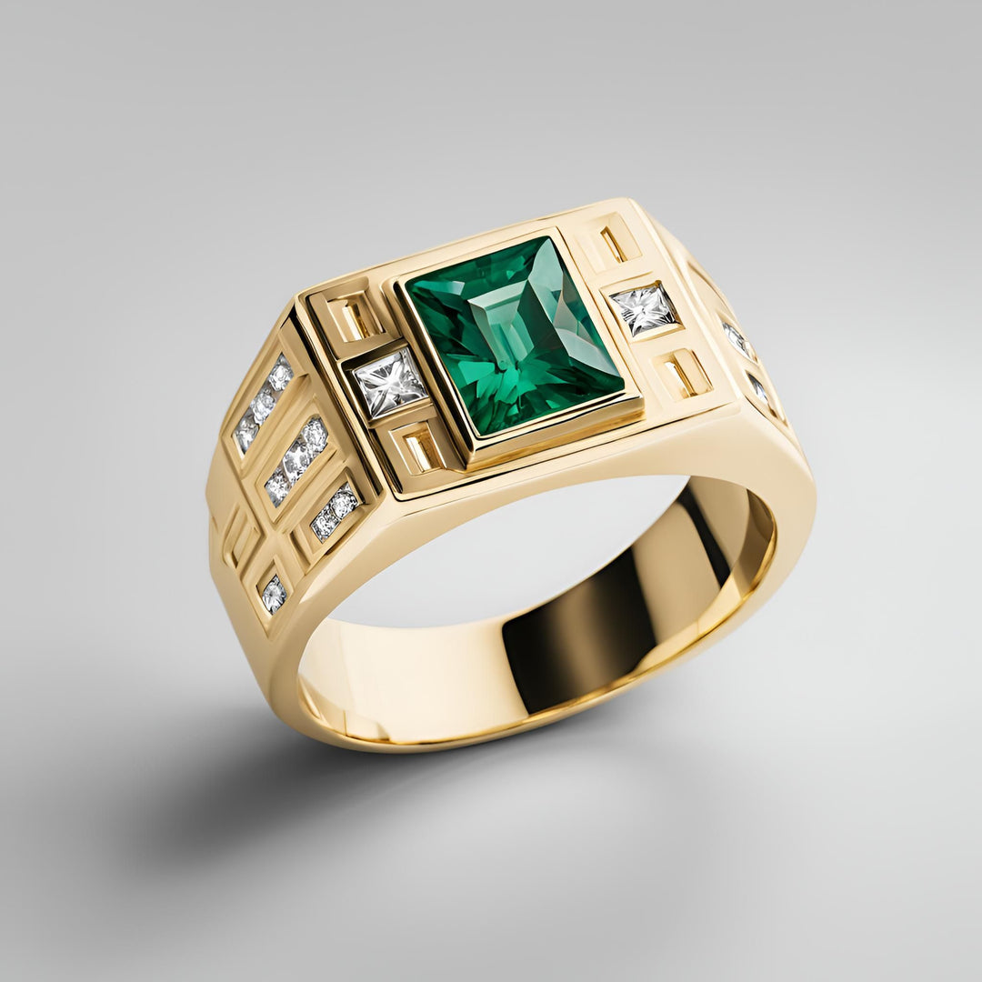 Mens' emerald and diamond ring in yellow gold geometric rectangular design from Rare Earth Jewelry.