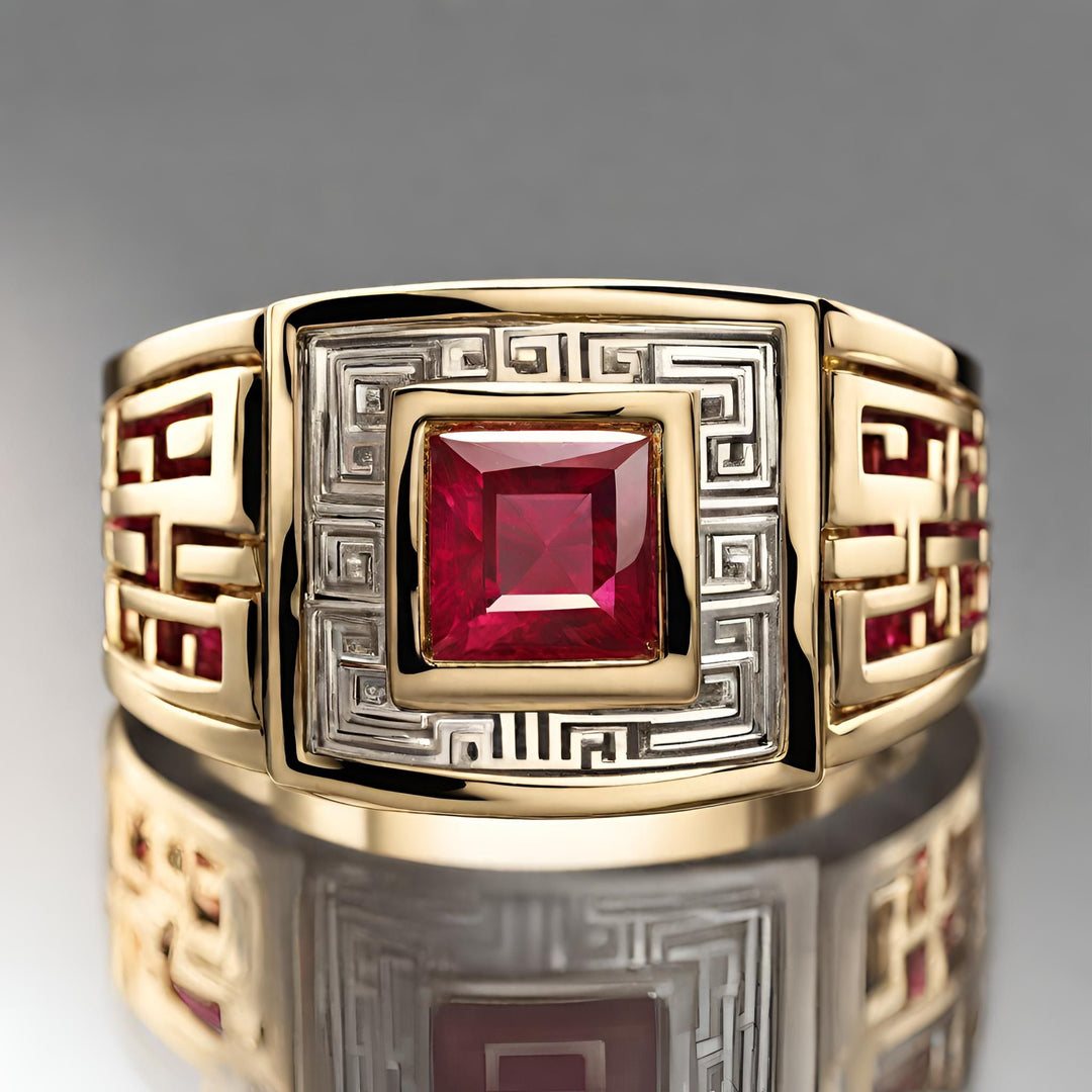 Large men's Ruby ring with a square geometric key design in white and yellow gold from Rare Earth Jewelry.