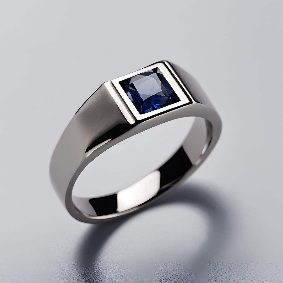 Men's platinum ring with square blue sapphire in a bezel setting from Rare Earth Jewelry.