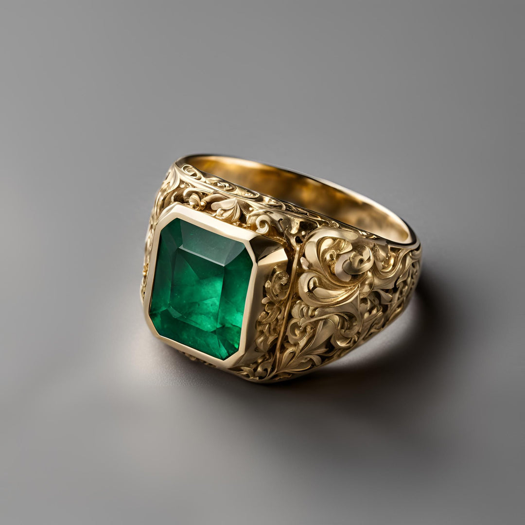 An antique style men's emerald ring with a natural emerald and an ornate baroque design in 18K Gold from Rare Earth Jewelry.