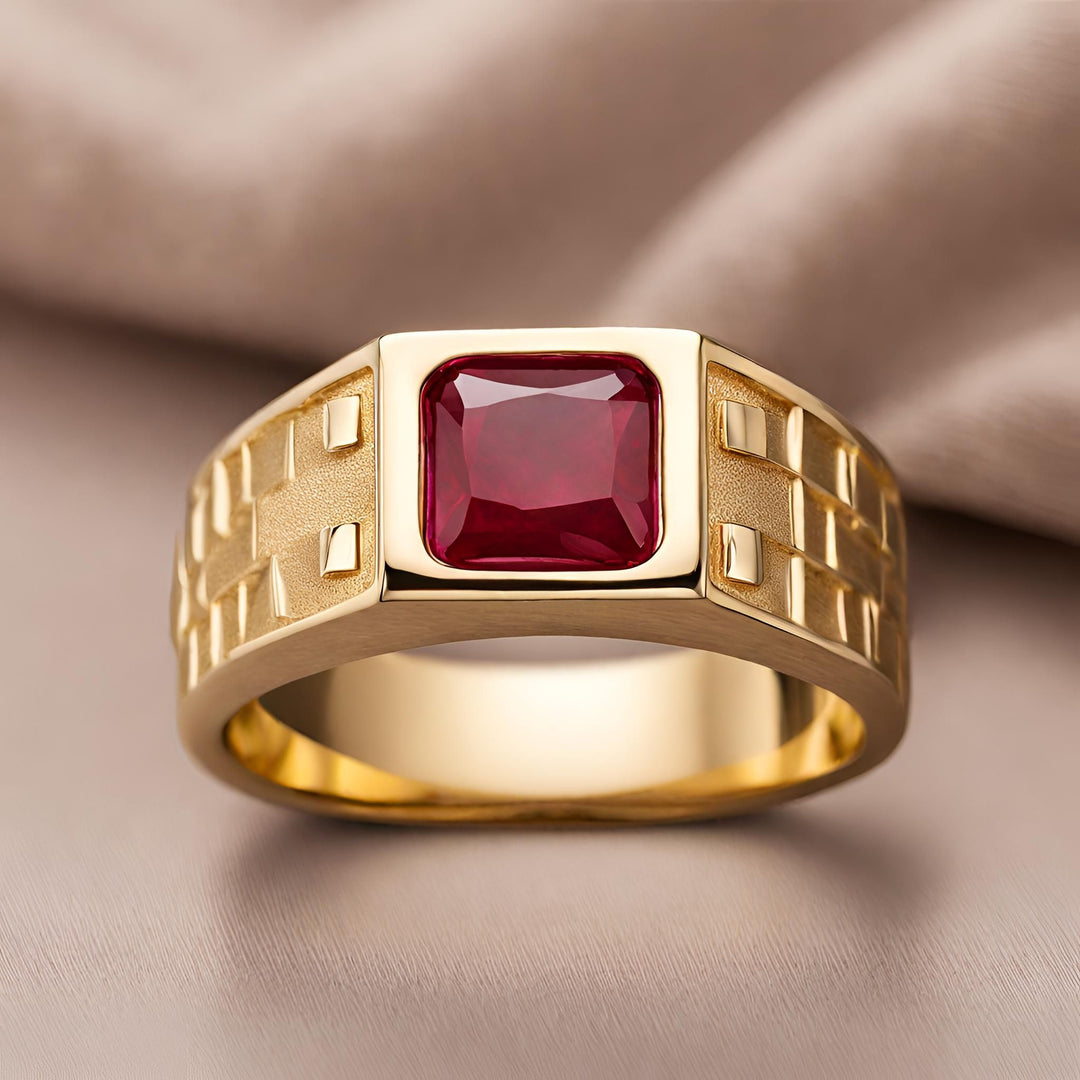 A men's ruby ring in 14K yellow gold in a modern square geometric design from Rare Earth Jewelry.