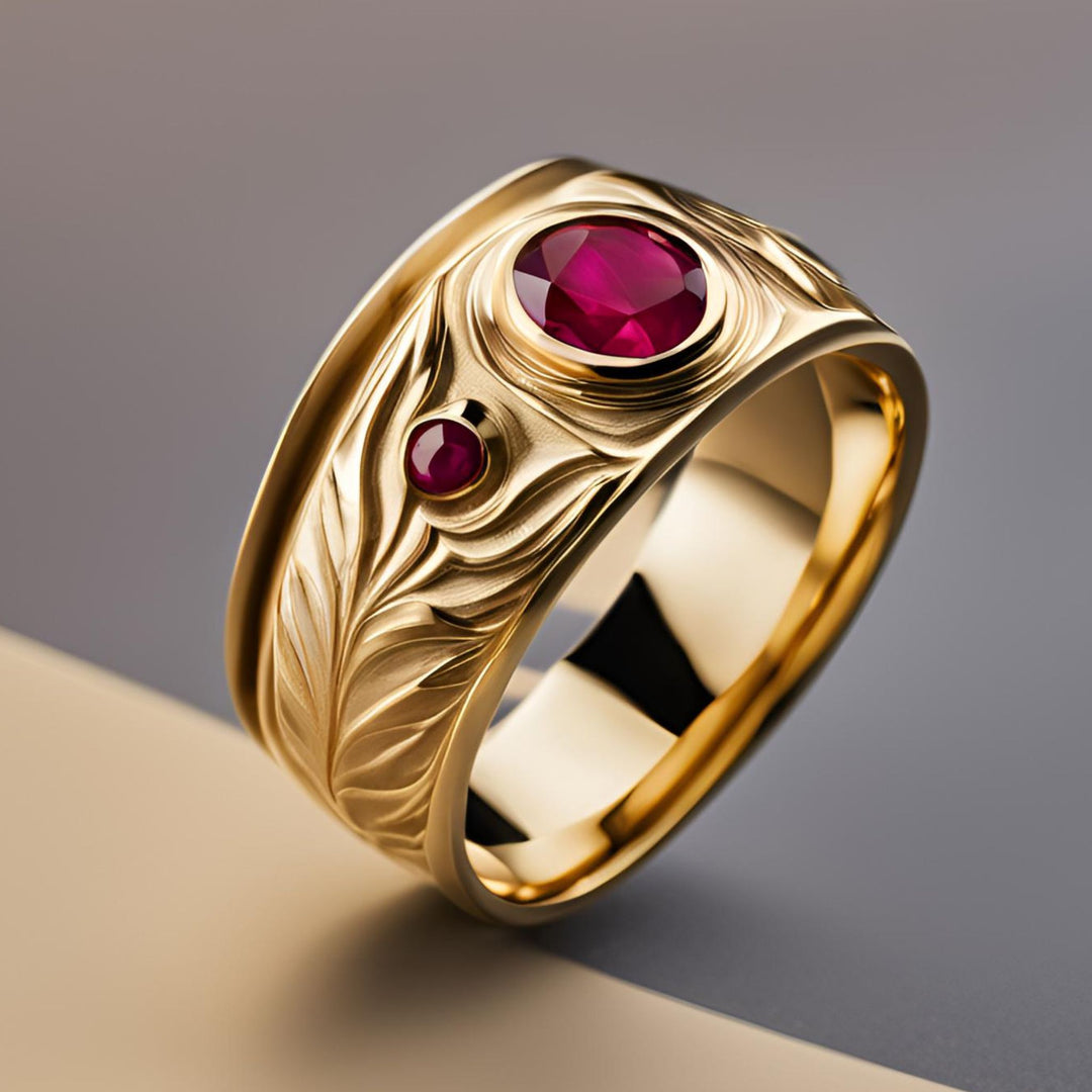 A men's ruby ring with round bezel set rubies in an ornate antique style leaf design in yellow gold from Rare Earth Jewelry.