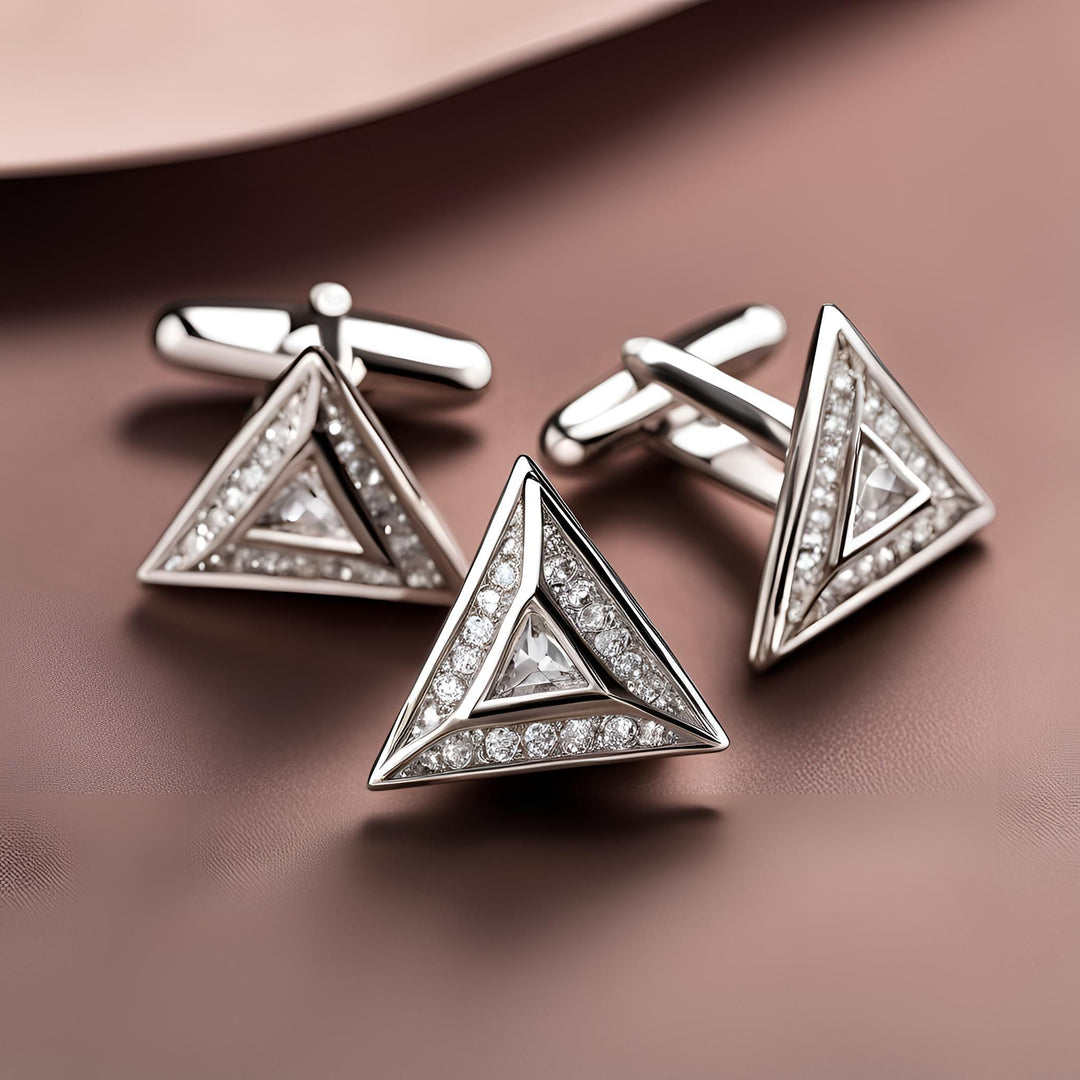 Men's 14K Gold cufflinks and tietack set in a unique triangle shape with diamonds in a modern geometric design from Rare Earth Jewelry.