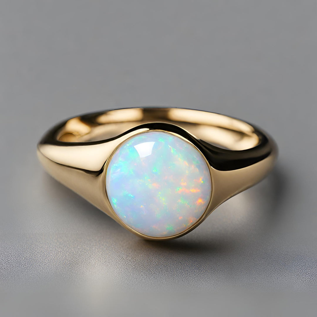 A modern round opal ring in 14K yellow gold with a contemporary bezel set design from Rare Earth Jewelry.