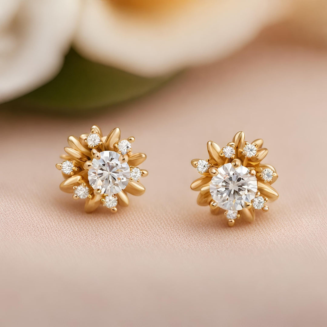 14K Gold Diamond Earrings in a modern starburst sputnik design studs from Rare Earth Jewelry.