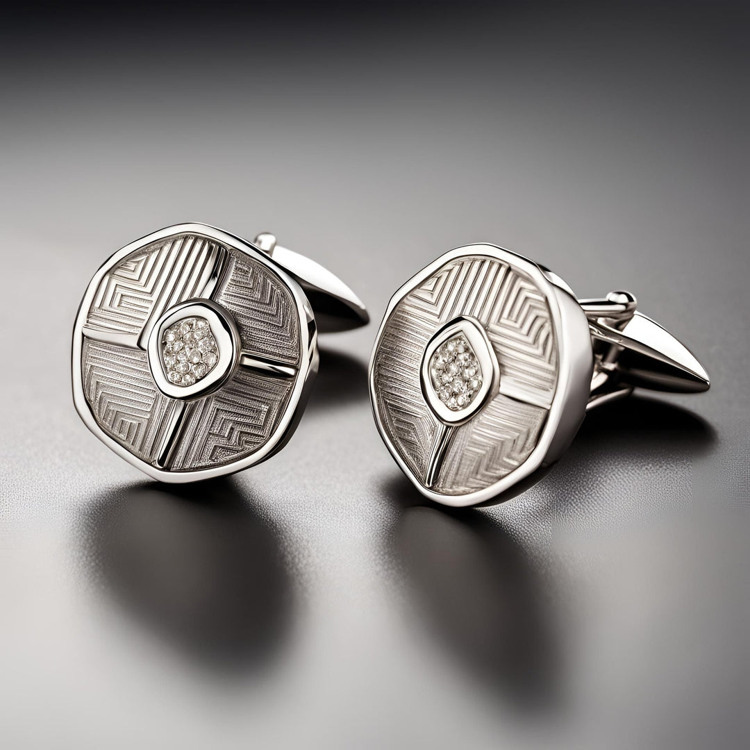 A pair of 14K Gold cufflinks with a modern geometric design and diamonds from Rare Earth Jewelry.