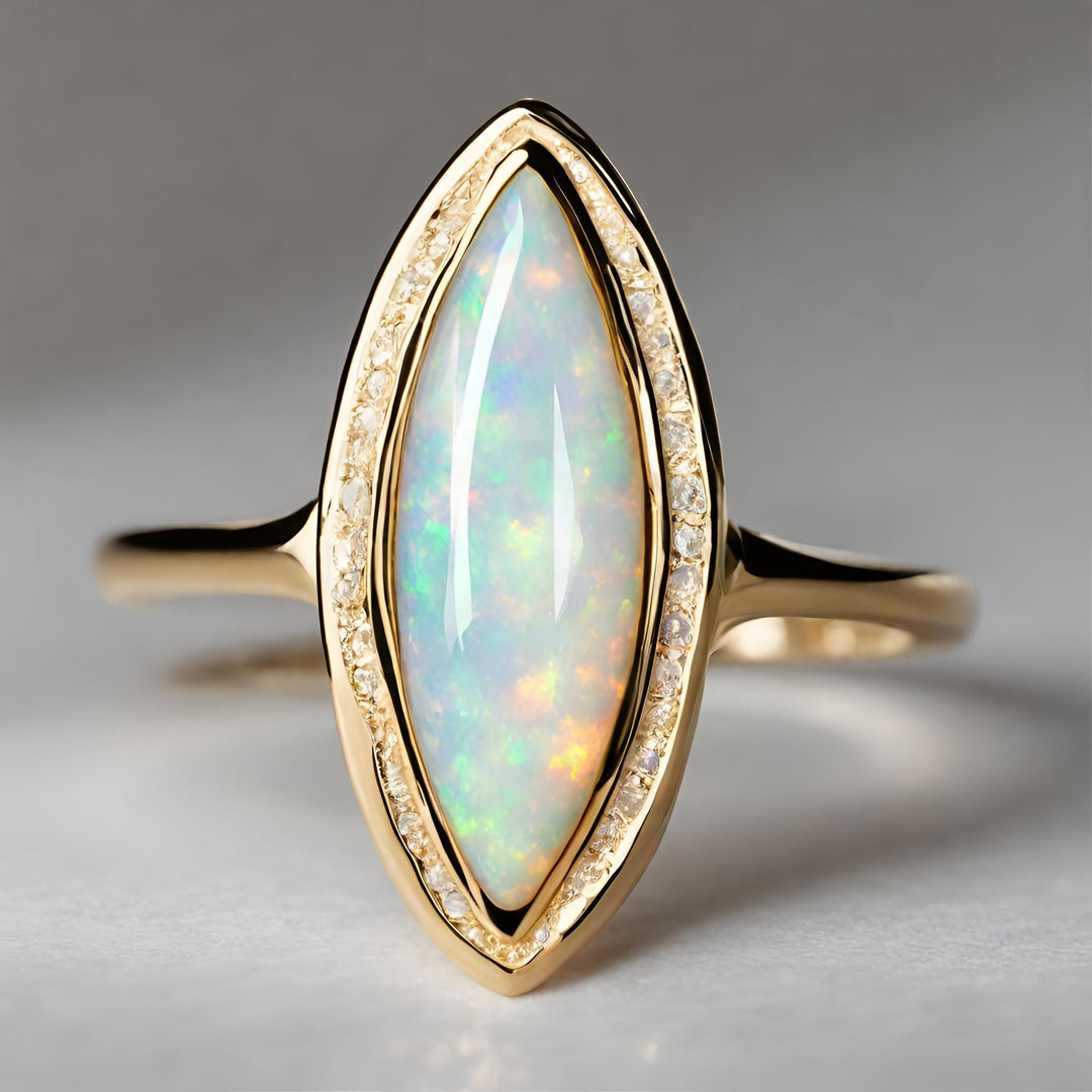 A marquise cut opal ring in a sleek modern design in yellow gold bezel setting from Rare Earth Jewelry.