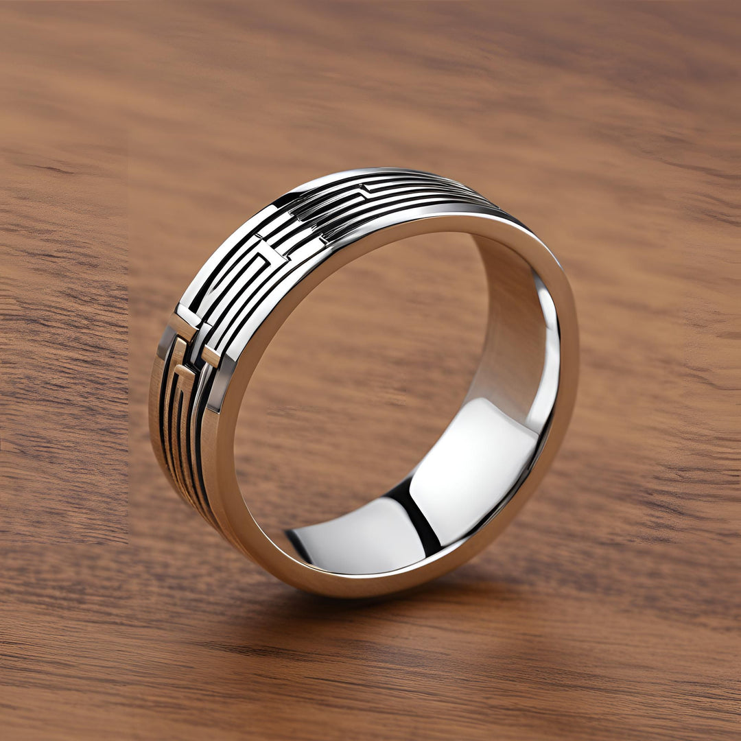 A modern band for men or women with a geometric design from Rare Earth Jewelry.