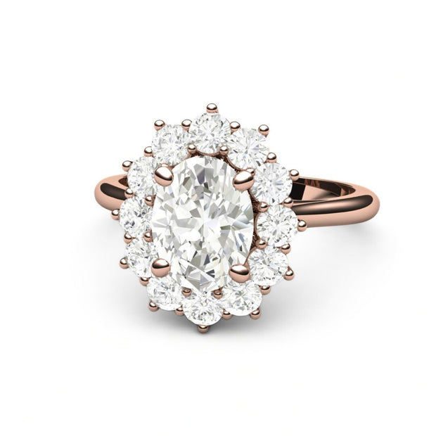 Charles & Colvard Moissanite oval engagement ring in an antique design in rose gold.