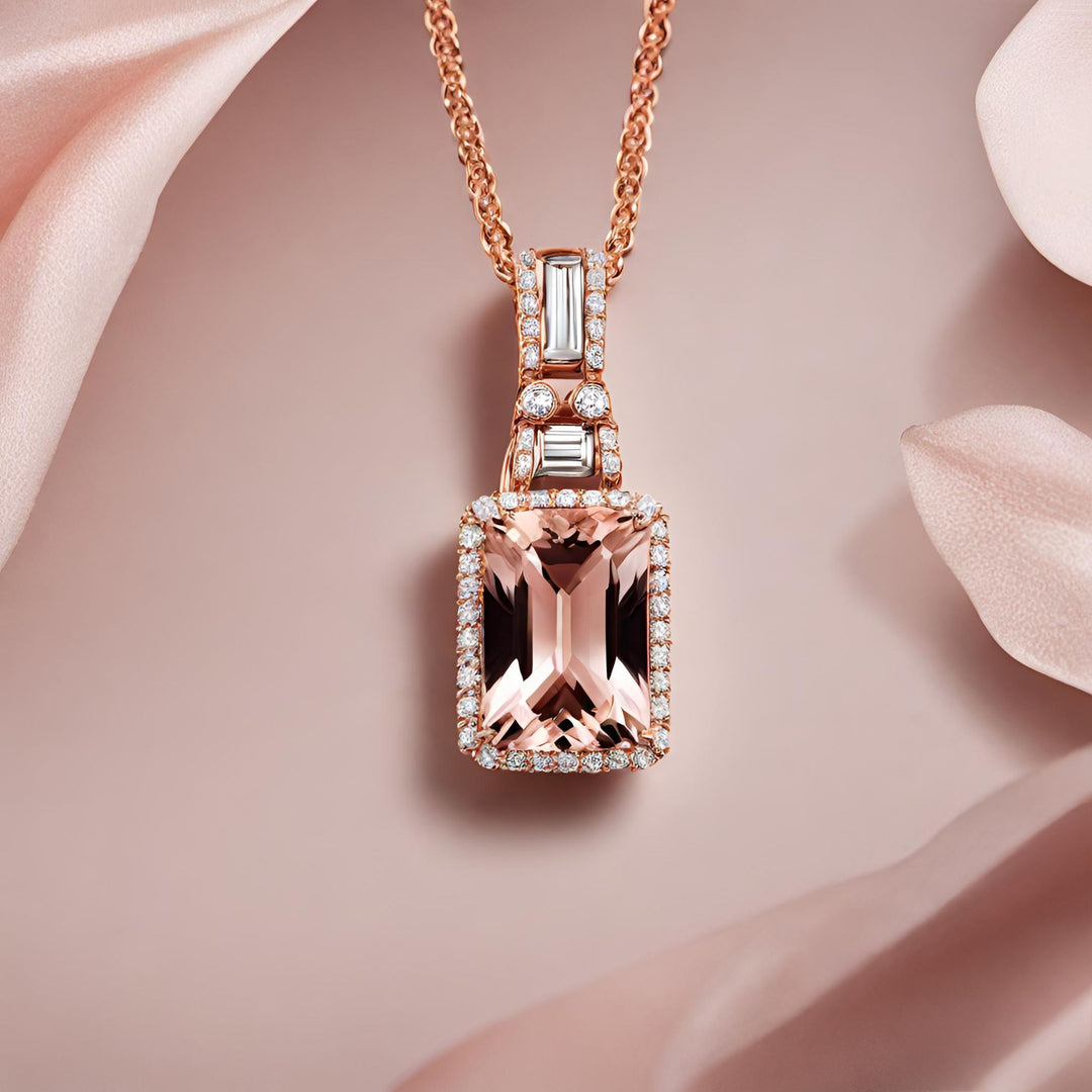 Morganite emerald cut pendant in a modern design with diamond halo and baguettes from Rare Earth Jewelry.