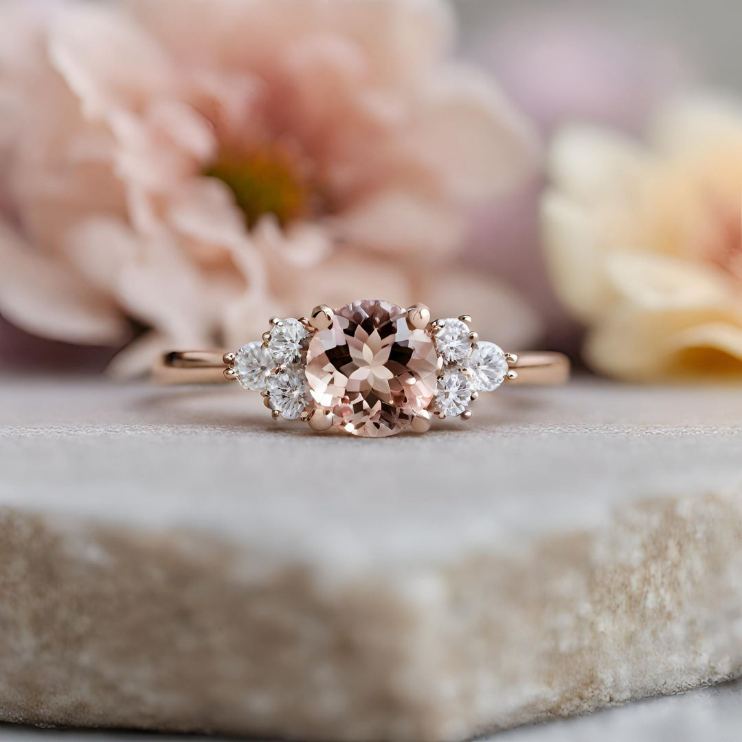 An elegant round Morganite engagement ring with three large diamonds on each side. Stunning in rose gold from Rare Earth Jewerly.