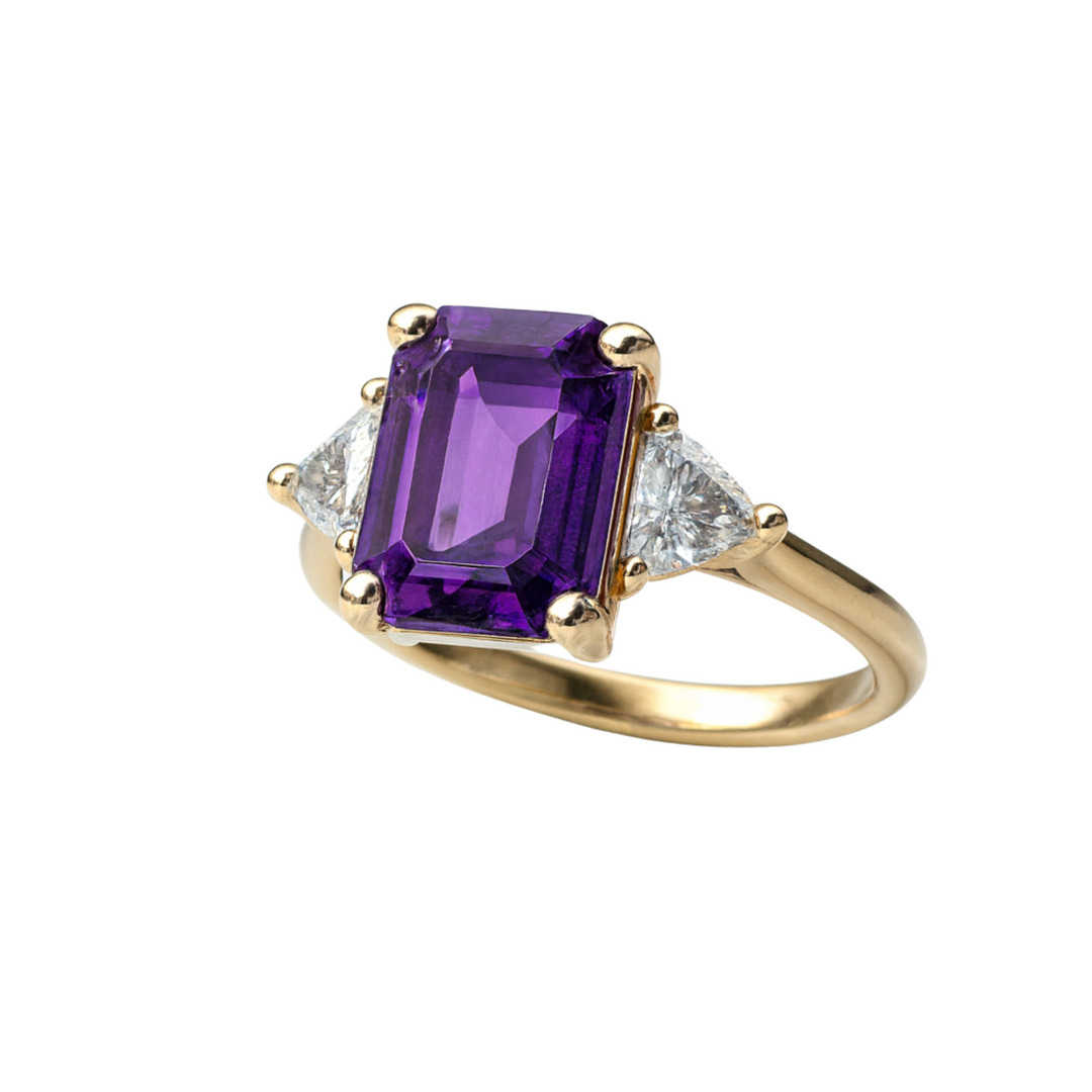 Emerald Cut Amethyst Ring with 3 Stone Style and White Sapphire Trillions shown in 14K Yellow Gold, February Birthstone Ring or Push Present | Rare Earth Jewelry
