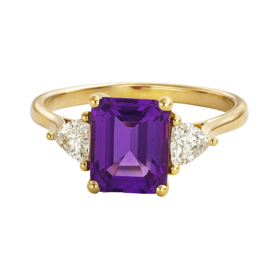 Natural Amethyst Ring, Emerald Cut Amethyst Three Stone Ring with White Sapphire Trillions shown in 14K Yellow Gold, February Birthstone Ring | Rare Earth Jewelry