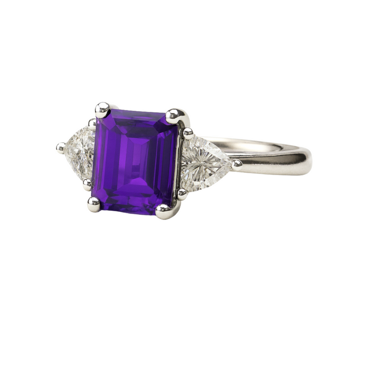 Emerald Cut Amethyst Engagement Ring in White Gold, 3 Stone Setting with Trillions, Purple Gemstone Engagement Ring | Rare Earth Jewelry