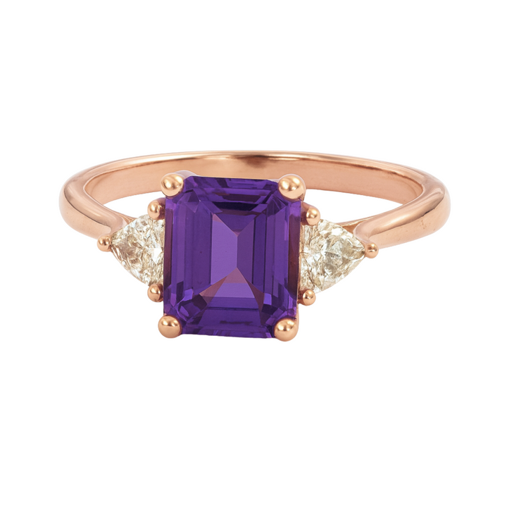 3 Stone Amethyst Engagement Ring in Rose Gold, Purple Gemstone Ring, Emerald Cut Amethyst Rose Gold Ring | Rare Earth Jewelry
