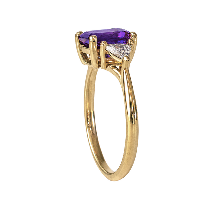 Side View of Natural Amethyst Ring, Emerald Cut Amethyst Ring, Three Stone Design | Rare Earth Jewelry