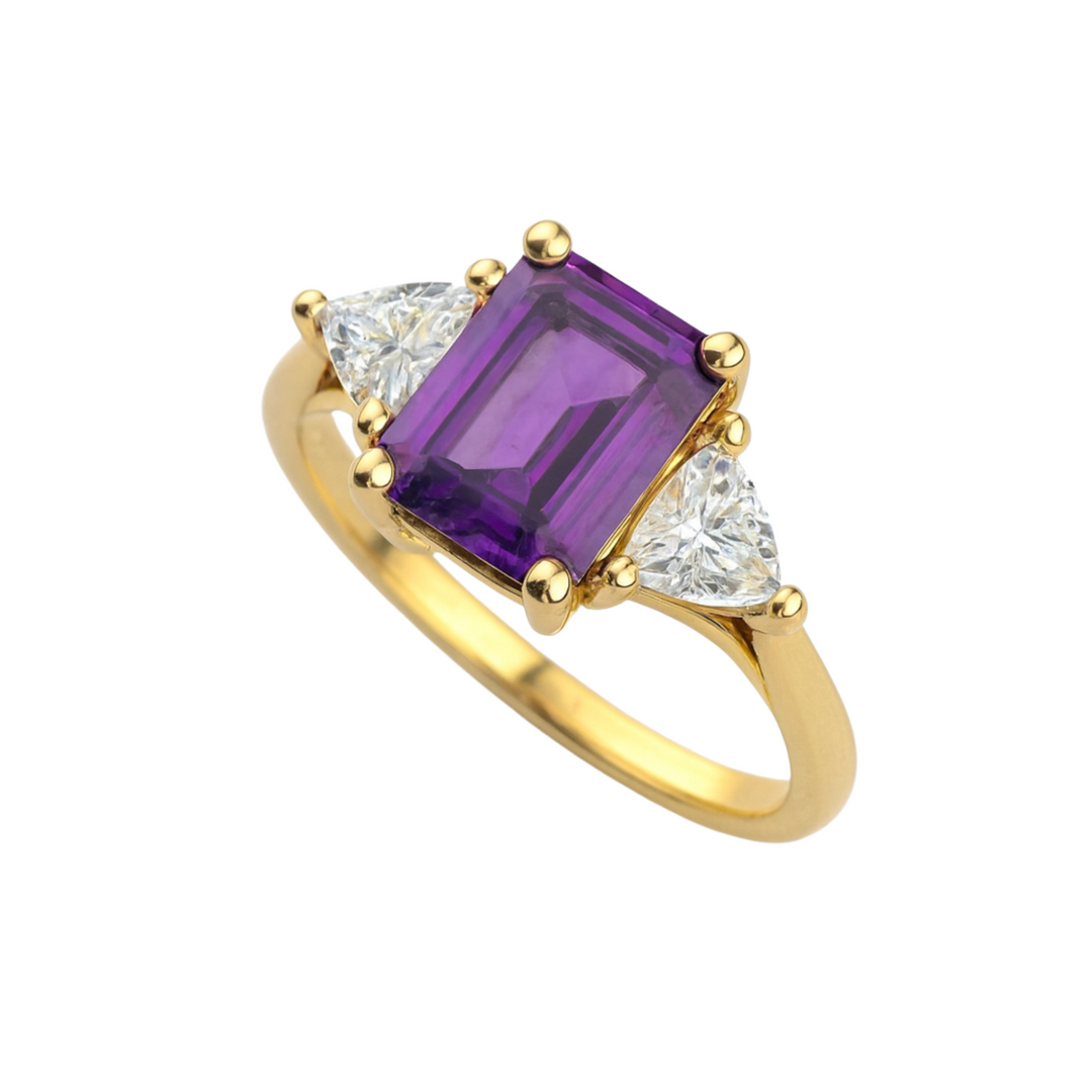 Emerald Cut Amethyst Engagement Ring with a Classic Three Stone Style with Trillions in Yellow Gold, February Birthstone Purple Gemstone Ring | Rare Earth Jewelry
