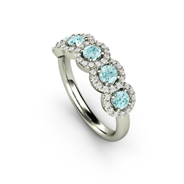 Natural Aquamarine and diamond band, blue stone wedding ring in white gold.