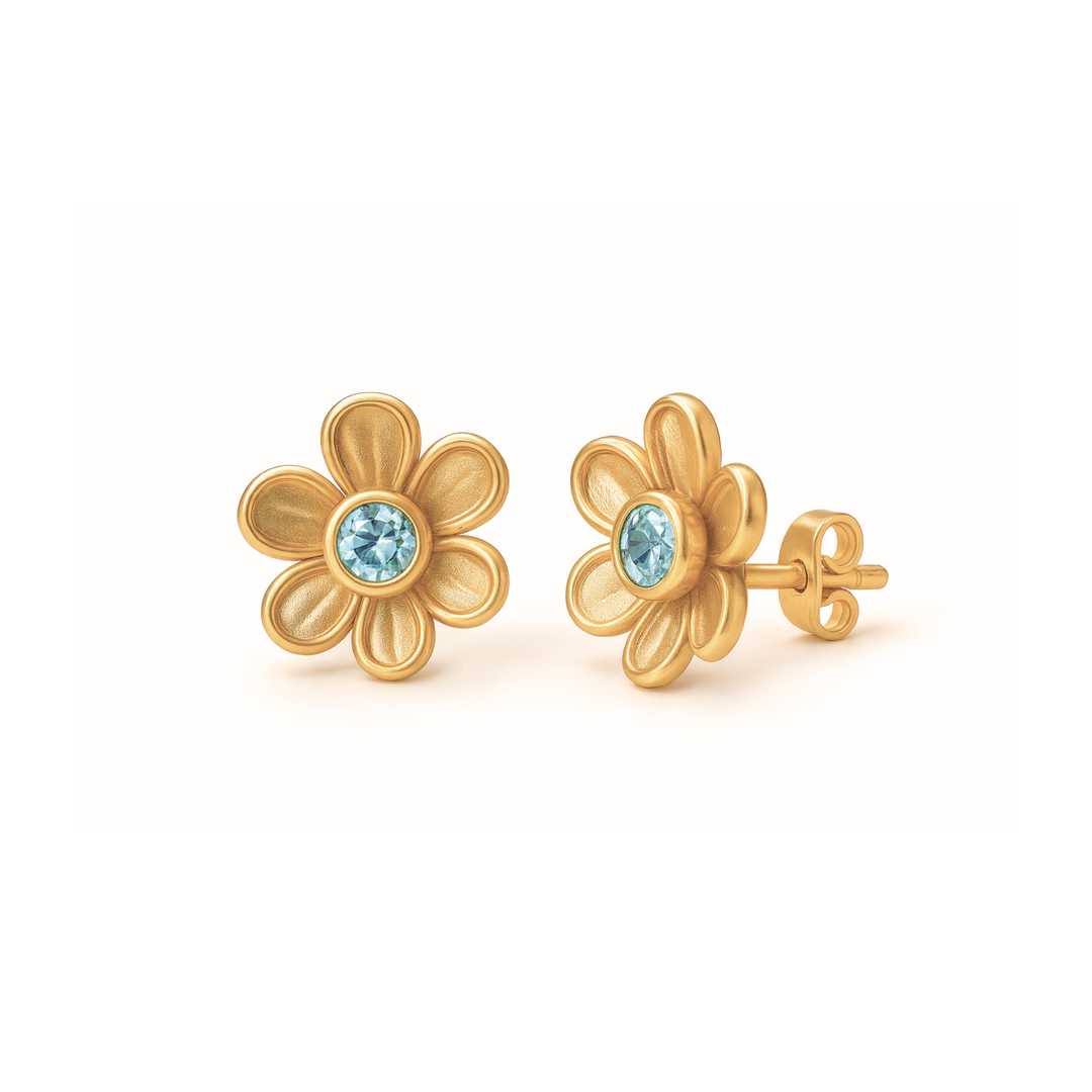 Natural Aquamarine earrings in 14K or 18K Gold, dainty blue floral studs, March birthstone earrings with a flower shaped design | Rare Earth Jewelry