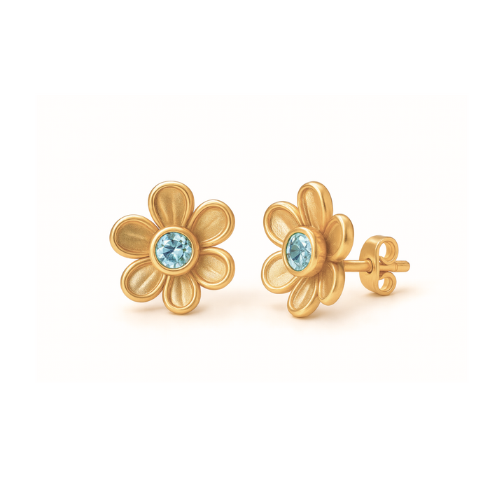 Natural Aquamarine earrings in 14K or 18K Gold, dainty blue floral studs, March birthstone earrings with a flower shaped design | Rare Earth Jewelry
