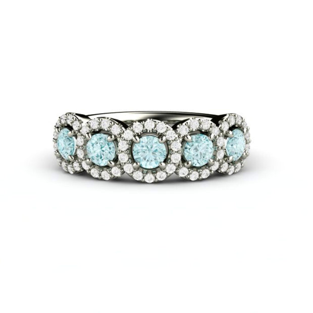Natural Aquamarine wedding band with diamond halos, unique wedding ring with blue March birthstone.