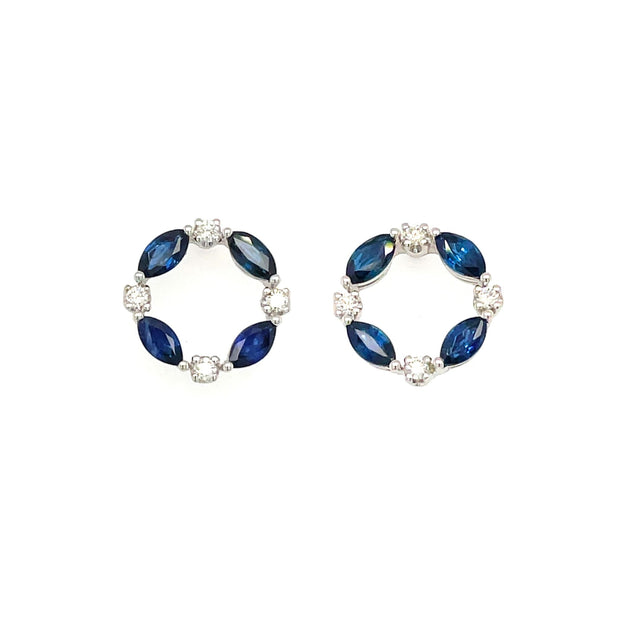 Natural Blue Sapphire and diamond stud earrings in a round circle design with standard posts.