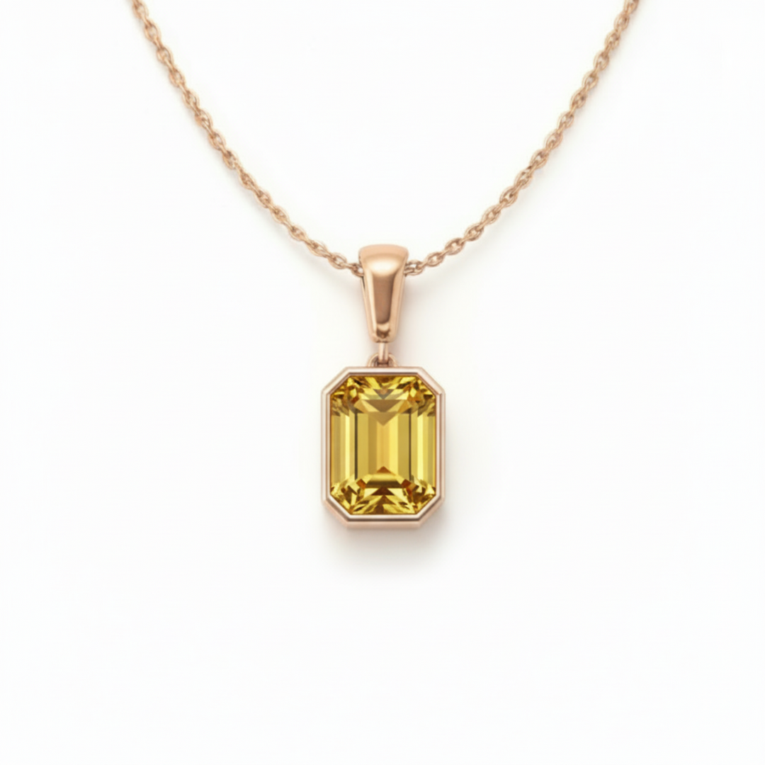 emerald cut citrine pendant in 14k rose gold warm honey golden yellow gemstone necklace | Rare Earth Jewelry