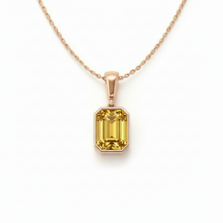 emerald cut citrine pendant in 14k rose gold warm honey golden yellow gemstone necklace | Rare Earth Jewelry