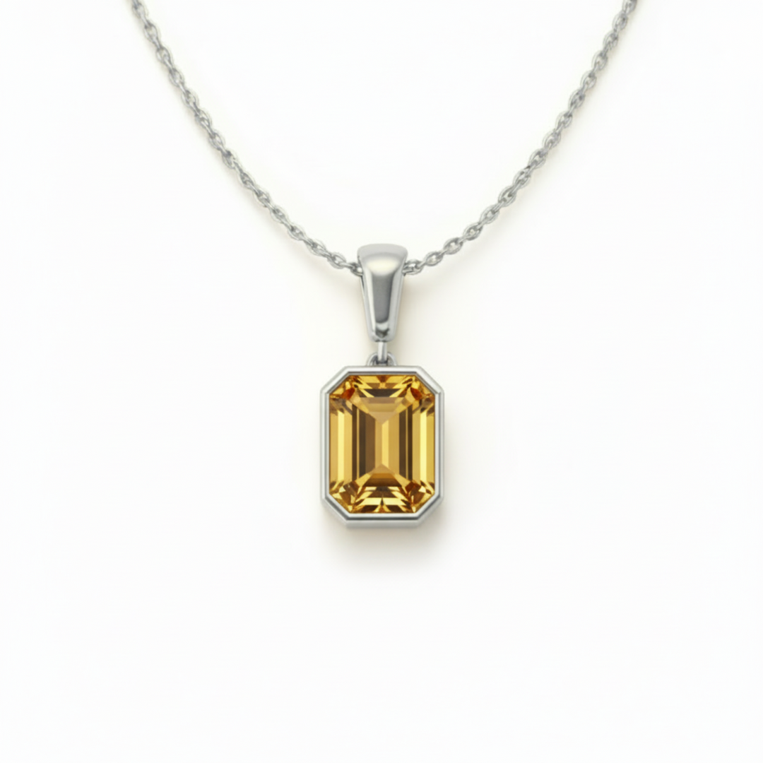 natural citrine necklace in 14k white gold emerald cut golden gemstone pendant | Rare Earth Jewelry