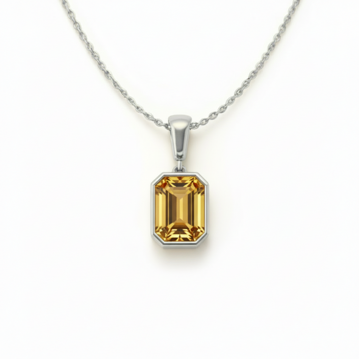 natural citrine necklace in 14k white gold emerald cut golden gemstone pendant | Rare Earth Jewelry