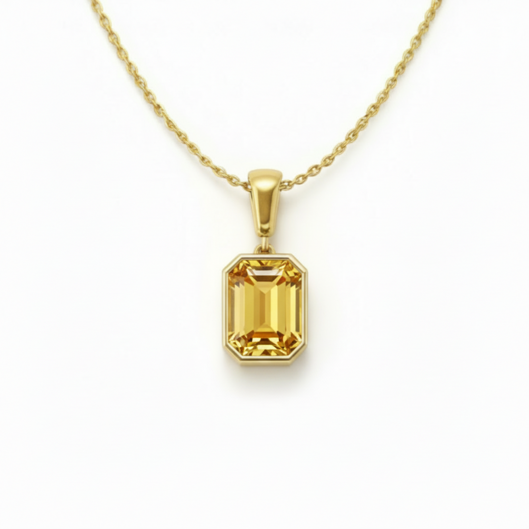 emerald cut citrine necklace in 14k yellow gold bezel setting natural golden gemstone pendant | Rare Earth Jewelry