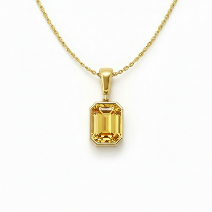 emerald cut citrine necklace in 14k yellow gold bezel setting natural golden gemstone pendant | Rare Earth Jewelry